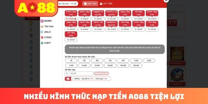 Nhiều hình thức nạp tiền AO88 tiện lợi Nhiều hình thức nạp tiền AO88 tiện lợi
